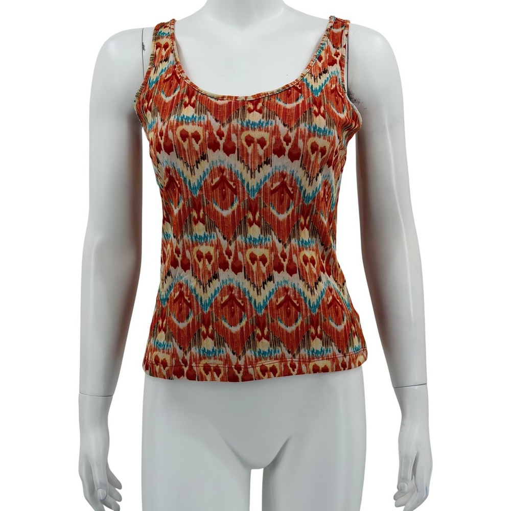 Evan Picone Top Womens Medium Orange Ikat Colorful Summer Aztec Boho Tribal